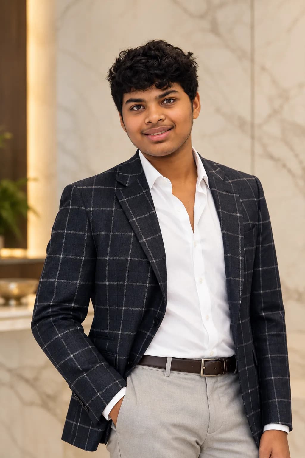 Darsh Shhaparia in a checked jacket and white shirt