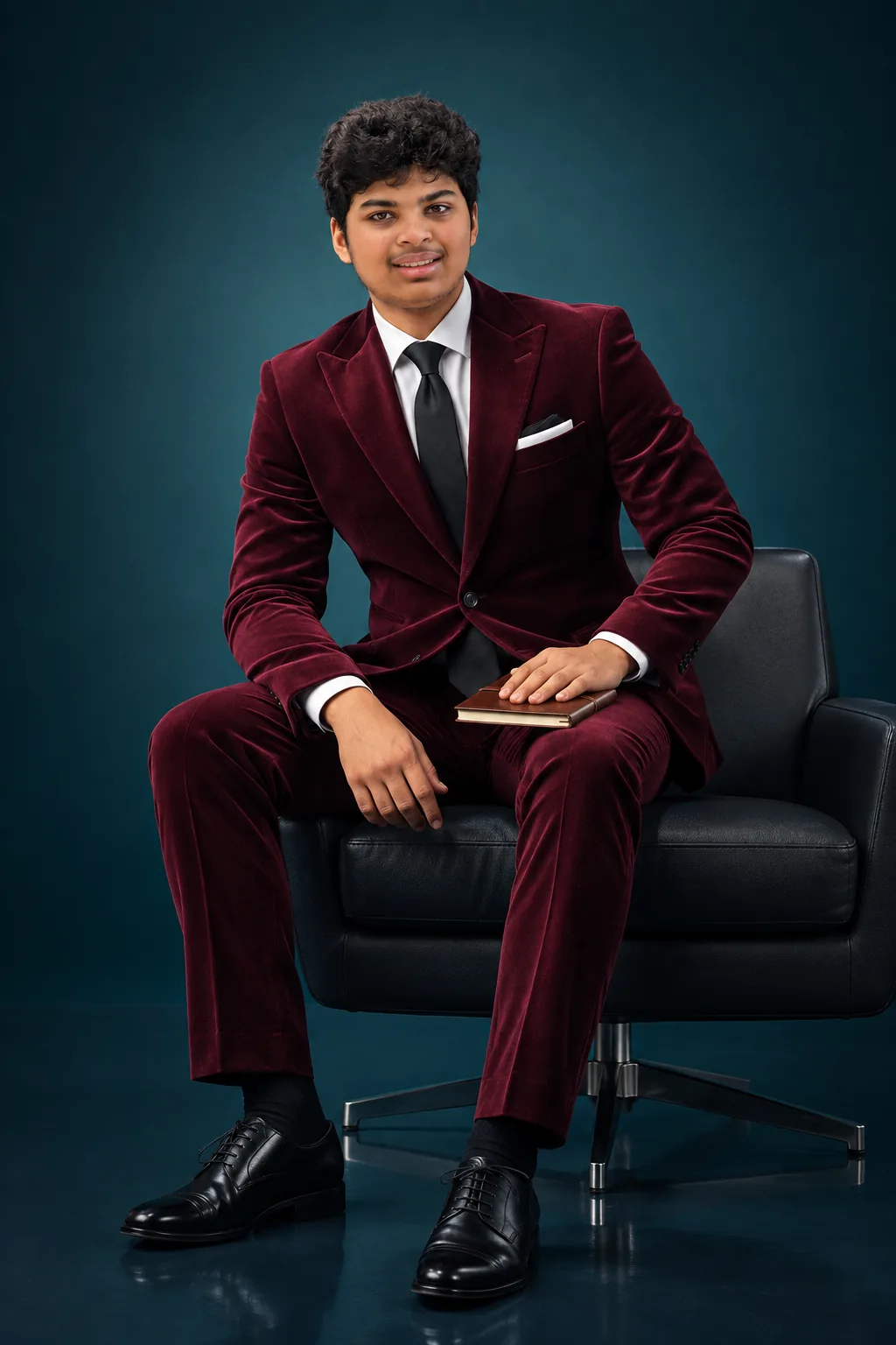 Darsh Shhaparia seated in a maroon velvet suit, a book resting on his knee